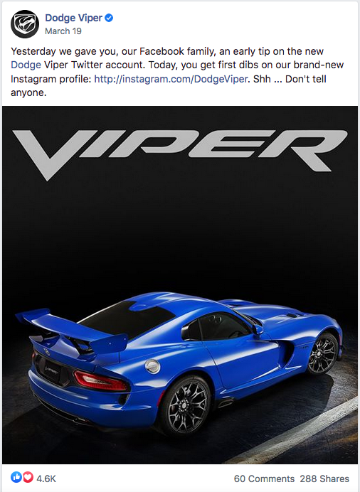 Image: Facebook post screenshot from the Dodge Viper brand page.